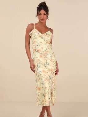 Lulus Dreamy Personality Yellow Floral Ruffled Sleeveless Midi Dress - Size M